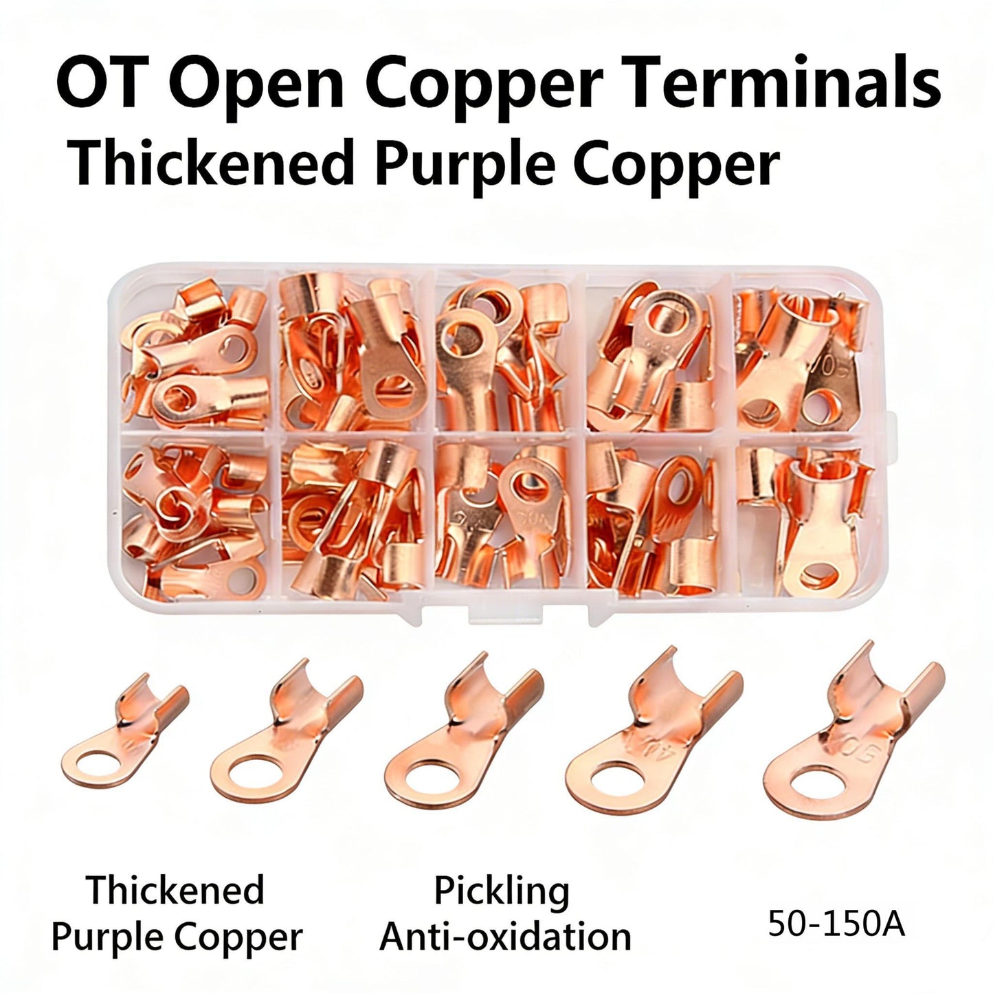100PCS OT Copper Lug Kit, 50A–150A Heavy Duty Ring Terminals Assortment, Tinned Copper Battery Cable Lugs for 4–35mm² Wire, Automotive, Solar, RV & Marine Use