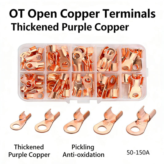 100PCS OT Copper Lug Kit, 50A–150A Heavy Duty Ring Terminals Assortment, Tinned Copper Battery Cable Lugs for 4–35mm² Wire, Automotive, Solar, RV & Marine Use