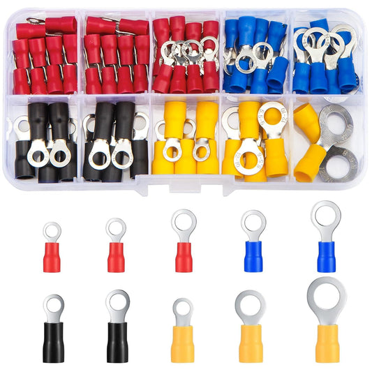 102pcs RV Ring Terminal Kit – Brass Pre-Insulated Crimp Connectors Assortment, Electrical Wire Ring Connectors for Automotive, Marine & DIY Wiring