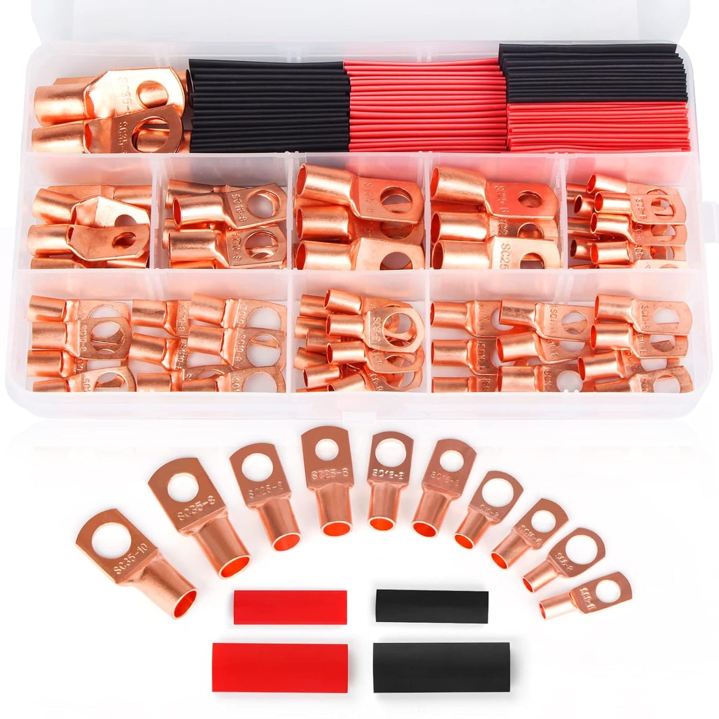 160PCS Heat Shrink Copper Lug Kit, Insulated Ring Terminals, Waterproof Electrical Connectors for DIY, Automotive & Battery Wiring