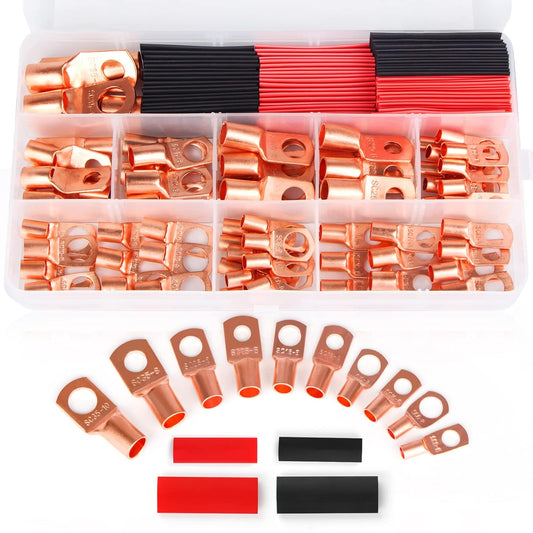 160PCS Heat Shrink Copper Lug Kit, Insulated Ring Terminals, Waterproof Electrical Connectors for DIY, Automotive & Battery Wiring