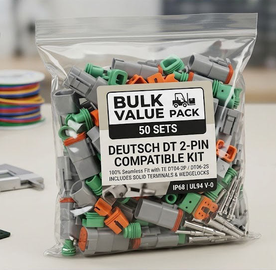 Deutsch DT 2-Pin Waterproof Connector Set, Heavy Duty Grey Housing with Wedgelocks & Solid Terminals, 100% Compatible with TE DT04-2P / DT06-2S (Bulk Wholesale Pack)