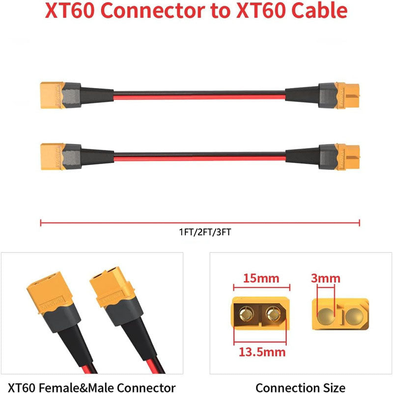 XT60 Connector Cable 4 mm² Silicone Wire, XT60 Male to Female Extension Cable, High Temp Flexible Power Wire for RC, E-bike, Drone & Battery Connection