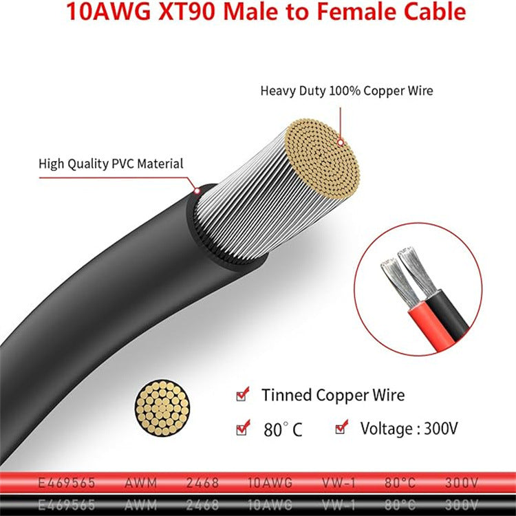 XT90 Anti-Spark Connector Cable 6 mm² Silicone Wire, XT90 Male to Female High Current Power Cable for E-bike, Battery, Solar & RC Applications (1FT/2FT/3FT)