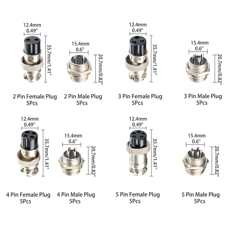 GX16 40PCS Starter Kit – 2 Pin 3 Pin 4 Pin  5 Pin Male & Female Aviation Connectors, Pre-Matched Plug Socket Set, 20 Pairs, Metal Circular Connector for LED, CNC, DIY Wiring